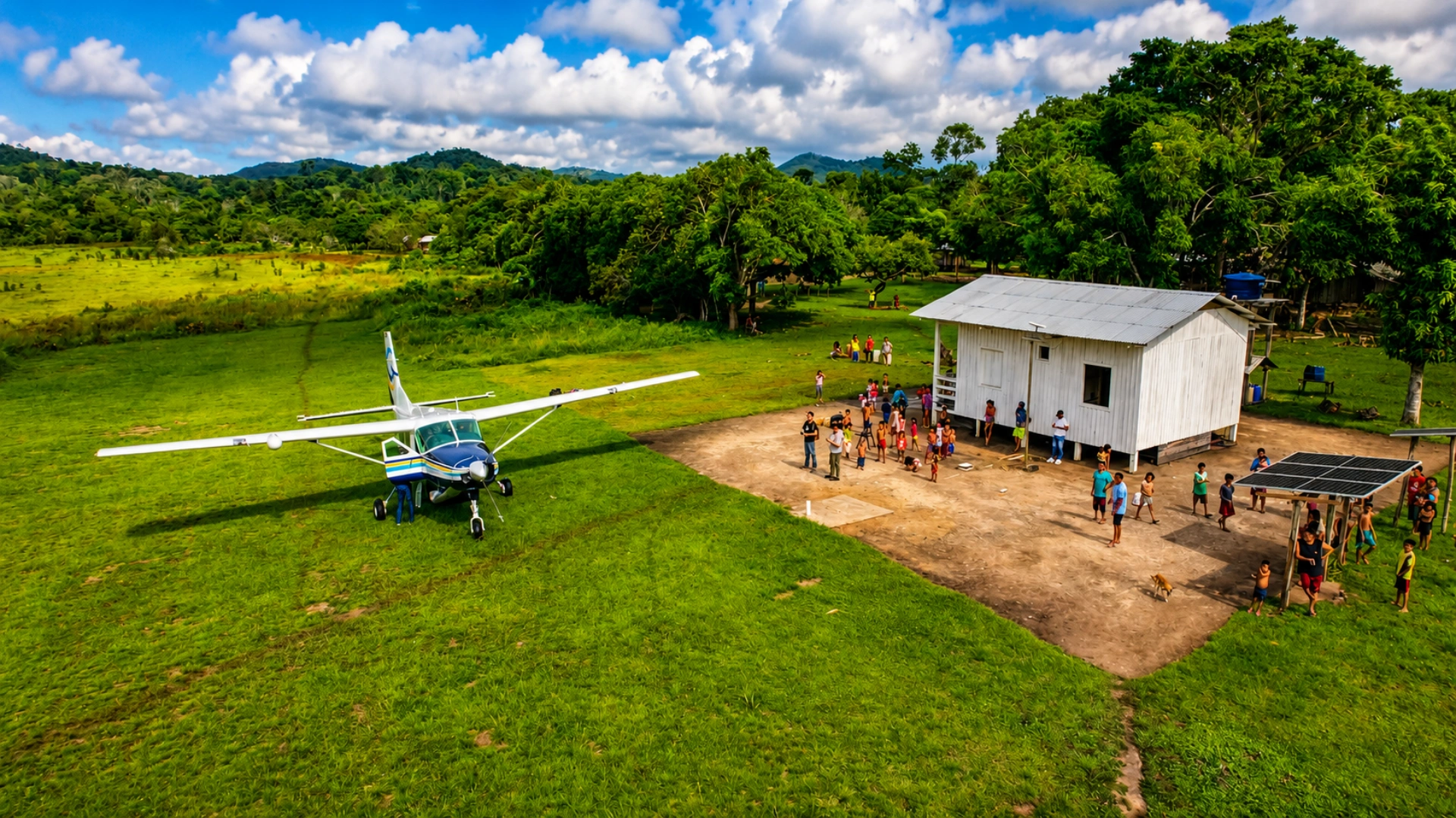 Aeronave da Missão do Céu sobre rios e comunidades da Amazônia