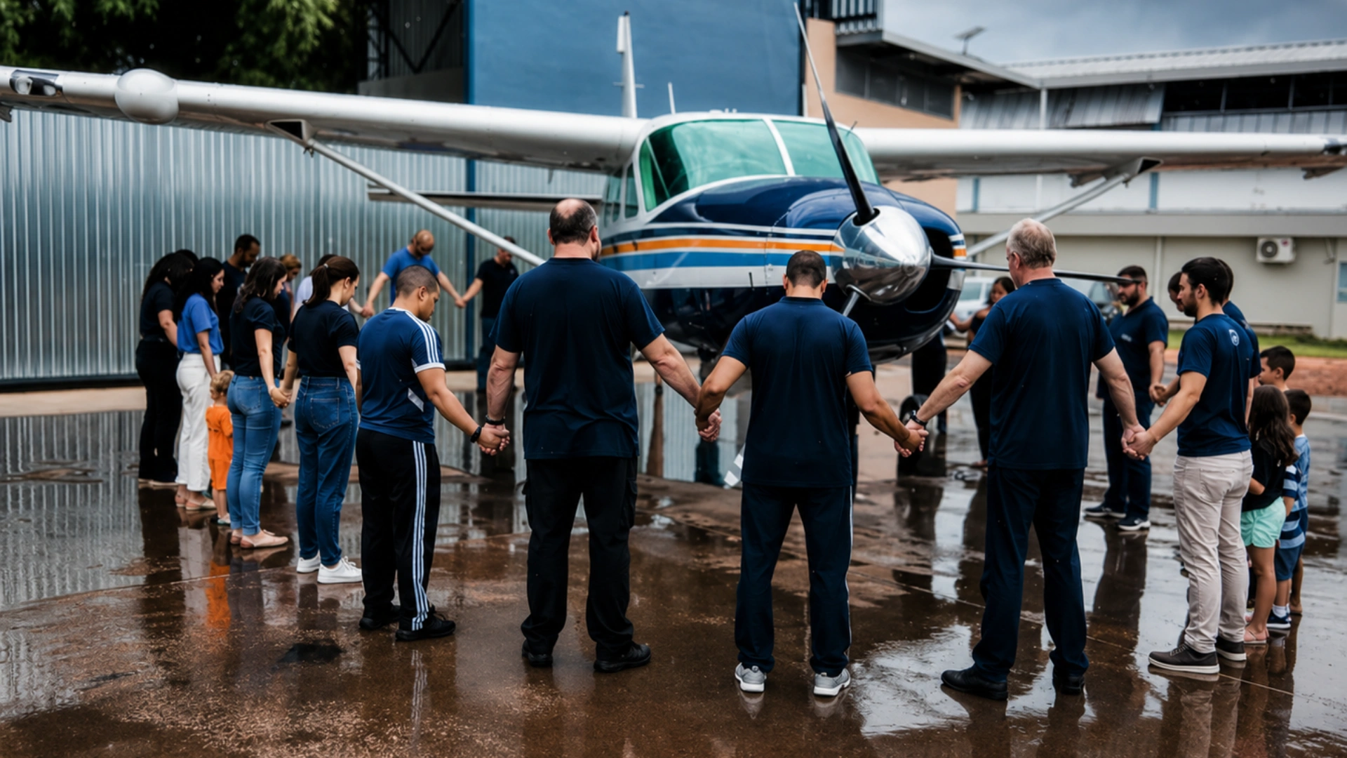 Equipe e voluntários de mãos dadas orando ao lado do avião antes de um voo