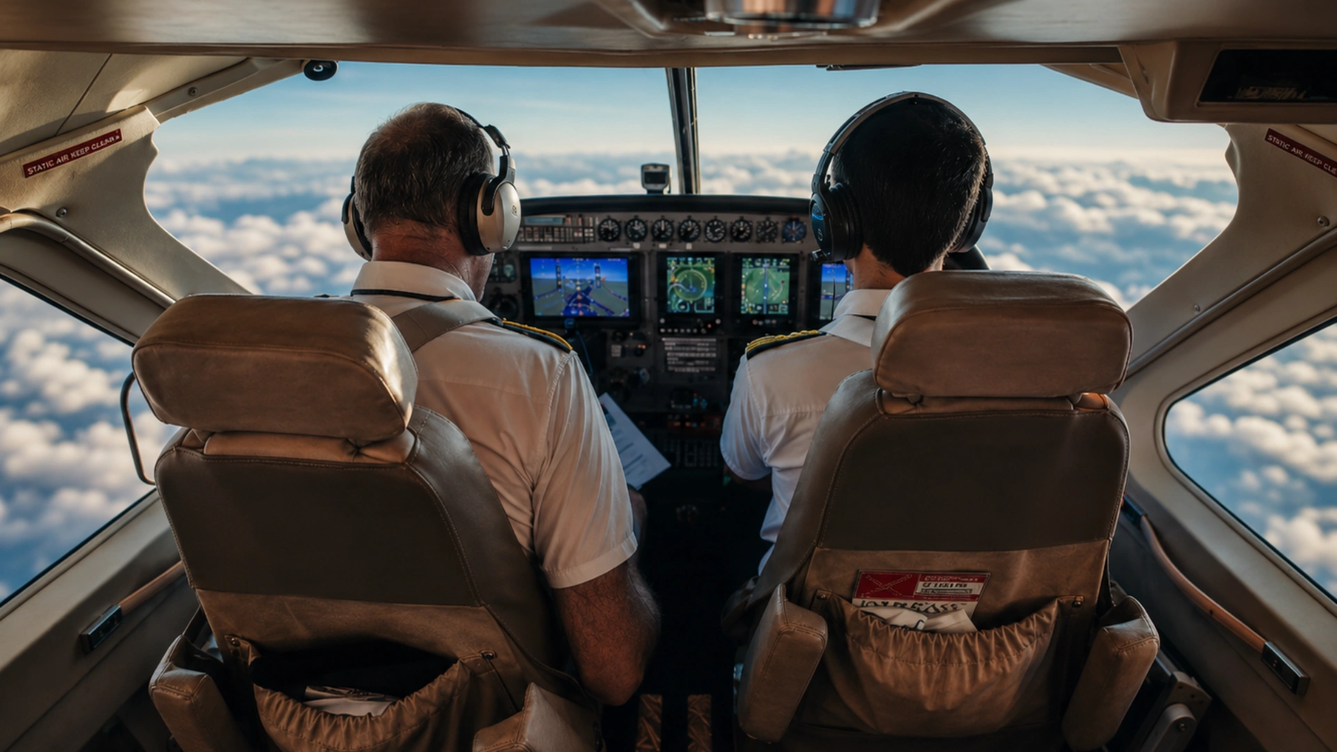 Pilotos da Missão do Céu na cabine antes da decolagem
