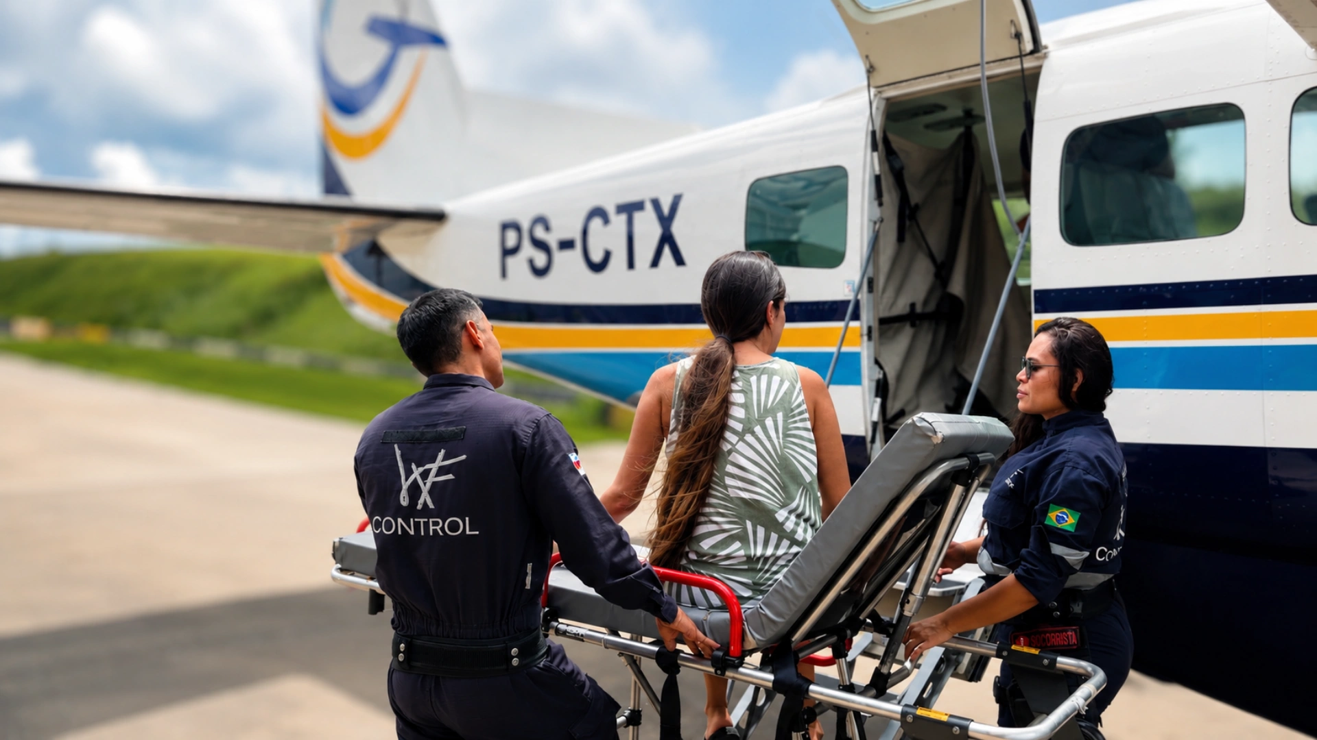 Equipe de resgate levando uma paciente até a aeronave para atendimento de saúde