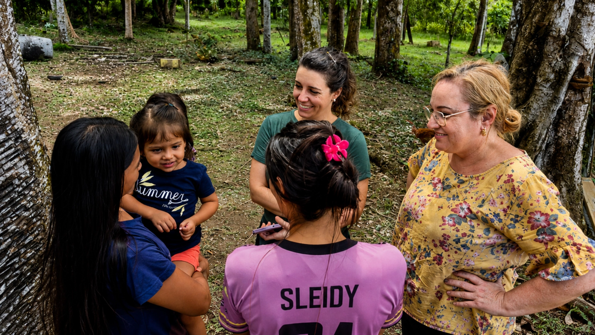 Roda de conversa entre mulheres e uma criança em um momento de cuidado e acolhimento