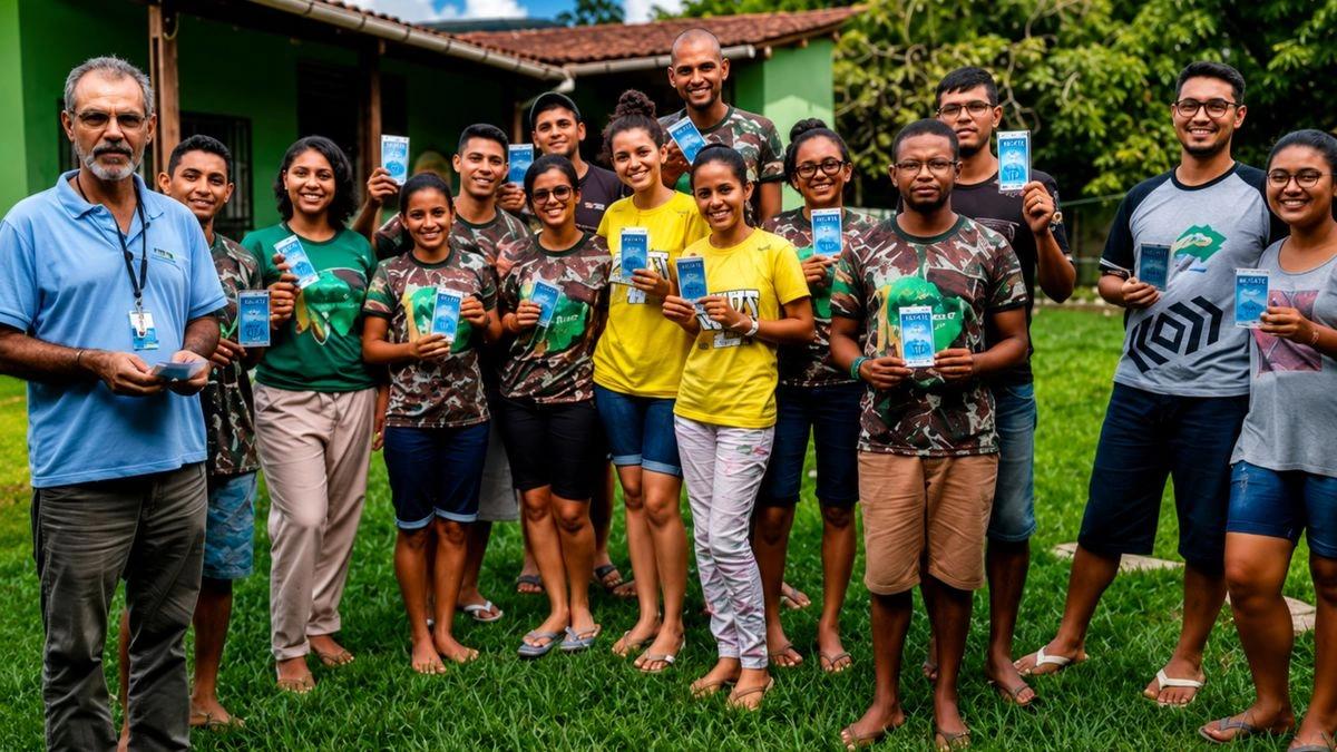 Jovens voluntários segurando o Cartão do Céu, ferramenta ministerial da Missão do Céu