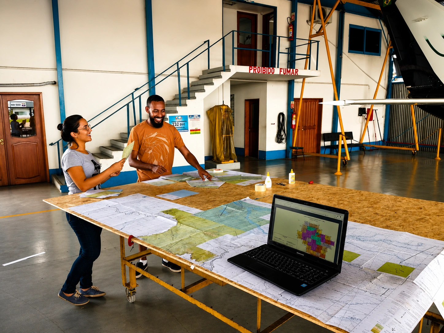 Equipe organizando mapas da Amazônia sobre uma mesa de trabalho no hangar