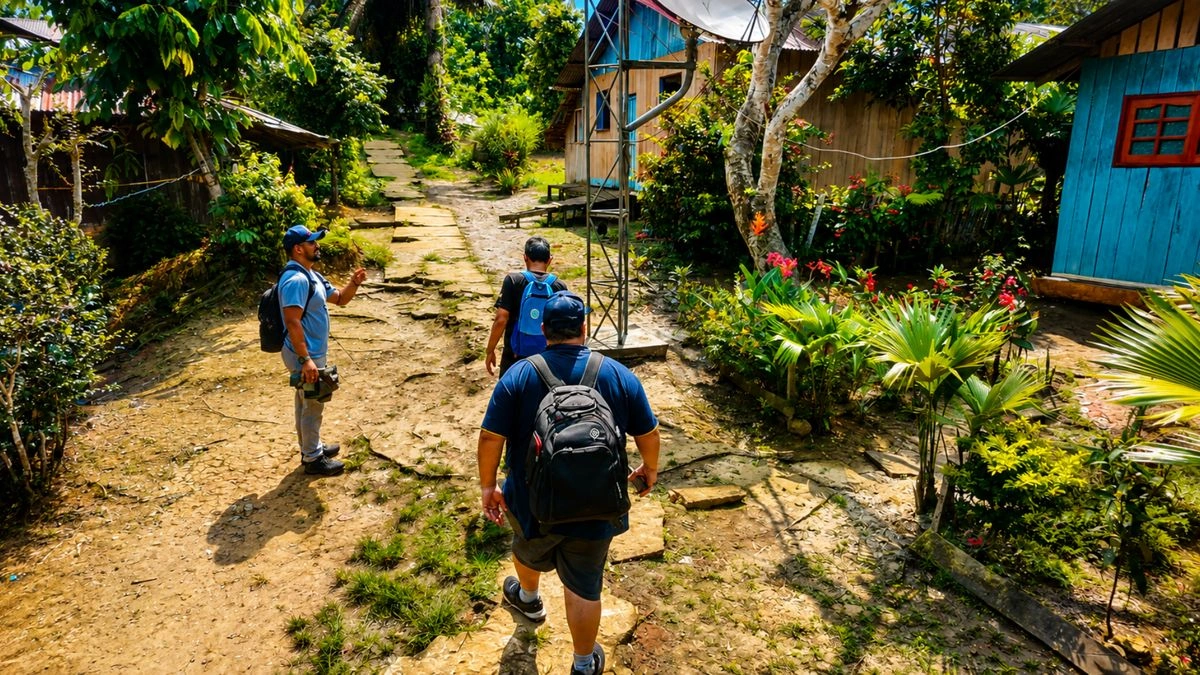 Equipe de pesquisa caminhando por uma comunidade ribeirinha durante trabalho de campo