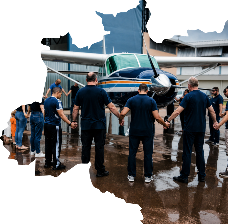 Equipe da Missão do Céu em oração ao lado da aeronave, antes de um voo missionário